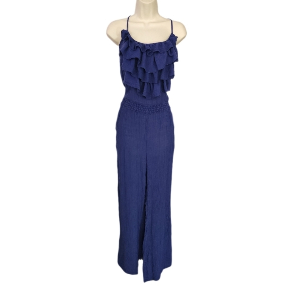 Toxik3 Jumpsuit Ruffled Tiered Bodice Sleeveless Blue Size L - Picture 8 of 8